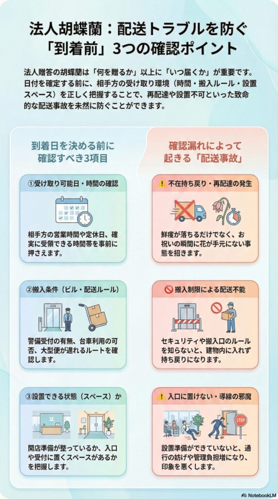 法人胡蝶蘭の配送トラブルを防ぐために、到着日を決める前に確認すべき「3つの重要ポイント」（受け取り可能日時・搬入条件・設置スペース）を整理したインフォグラフィック。事前確認を怠ると、不在による再配達、搬入制限による持ち帰り、導線を塞ぐ設置ミスなどの重大事故につながるため、相手先の受け取り環境を正確に把握する重要性を解説している。