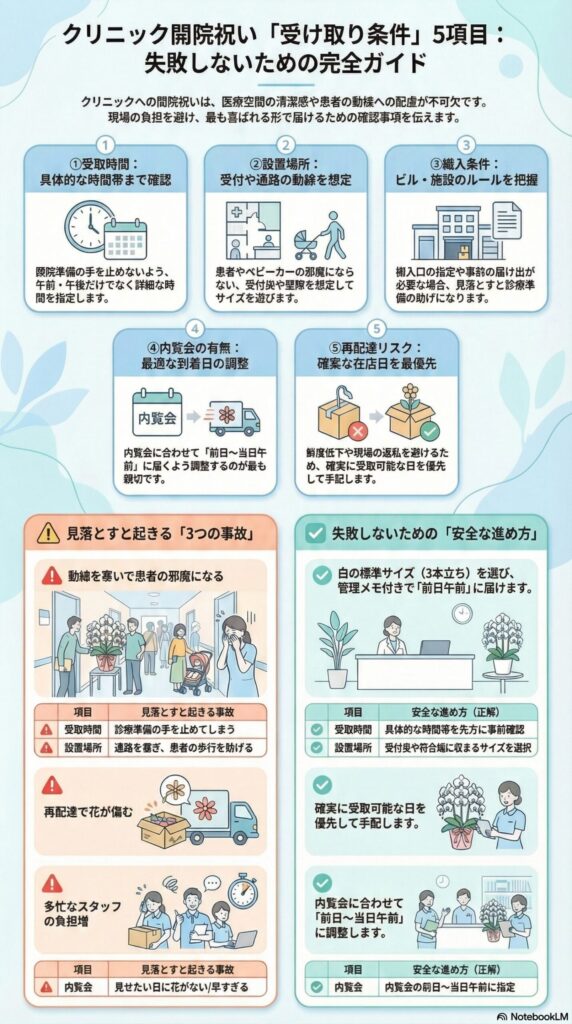 クリニック開院祝いの胡蝶蘭受け取り条件5項目を解説したインフォグラフィック、受取時間・設置場所・搬入条件・内覧会日程・再配達リスクの確認ポイントと、動線配慮や前日〜当日午前着の安全な手配方法、見落としによるトラブル例を図解した内容