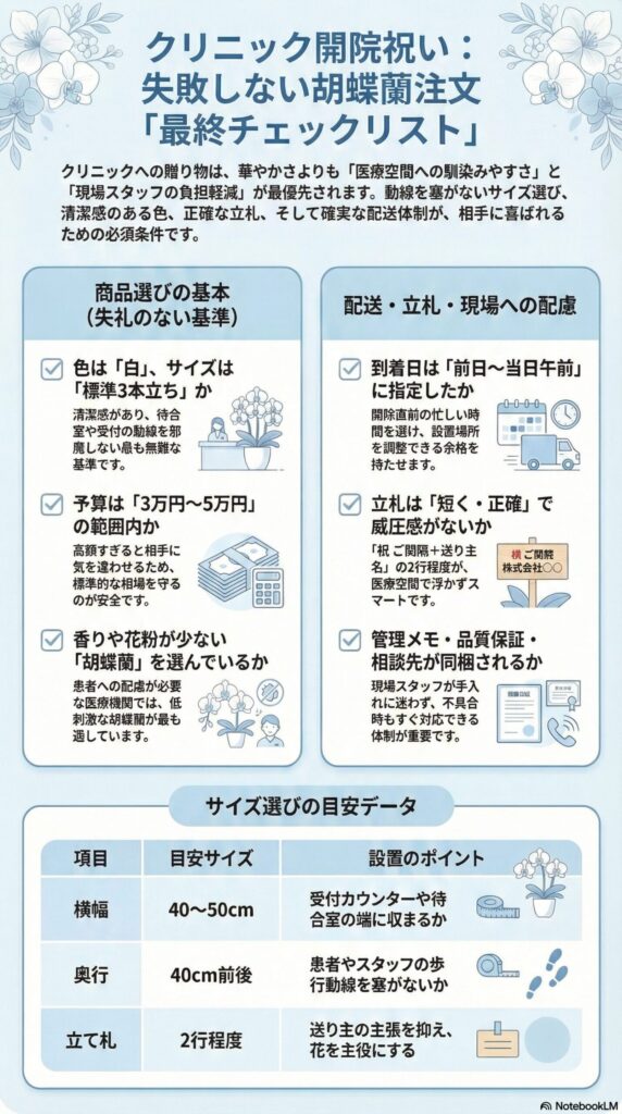 クリニック開院祝いの胡蝶蘭注文における最終チェックリストのインフォグラフィック、白色・標準3本立ち・低刺激な花の選定、3万〜5万円の予算目安、前日〜当日午前着指定、簡潔な立札、管理メモや保証体制の確認、設置サイズ目安を解説した図