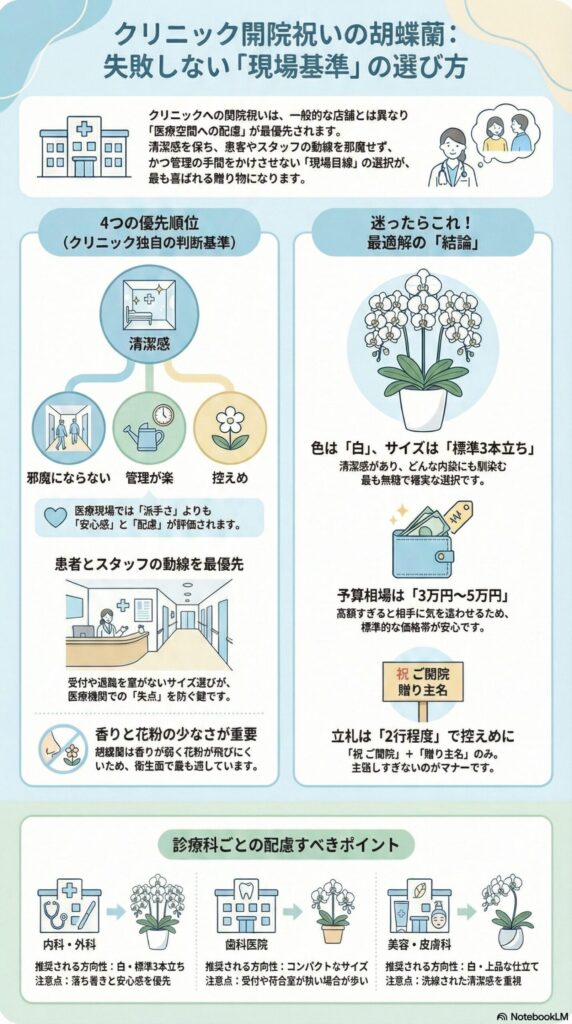 クリニック開院祝いの胡蝶蘭選びにおける現場基準を解説したインフォグラフィック、清潔感・邪魔にならない配置・管理のしやすさ・控えめな仕様を優先し、白色・標準3本立ち・予算3万〜5万円・簡潔な立札など最適解と診療科別の配慮ポイントを図解した内容
