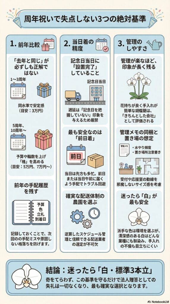 周年祝いで失敗しない胡蝶蘭の3つの基準を解説したインフォグラフィック、前年比較による予算調整・前日着など配送精度・管理しやすさを重視し、白色・標準3本立ちが最適とする判断基準と実務ポイントを図解した内容