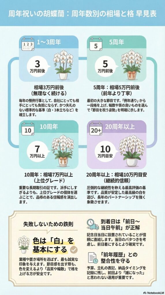 周年祝いの胡蝶蘭における周年数別の相場と格を解説したインフォグラフィック、1〜3周年は3万円前後、5周年は5万円前後、10周年は7万円以上、20周年以上は10万円目安とし、白色を基本に前日〜当日午前着や前年履歴の整合性を重視する判断基準を図解した内容