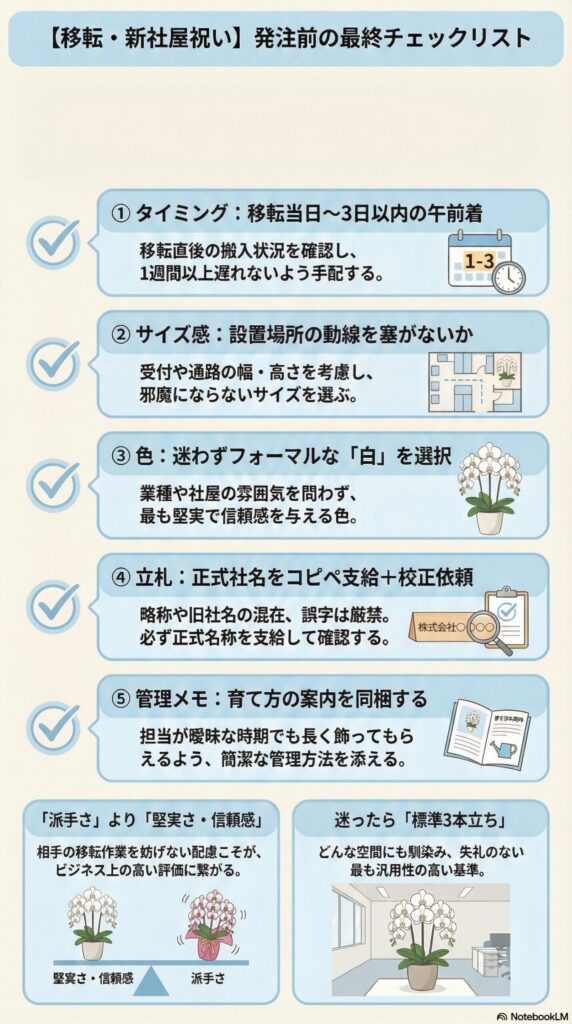 移転・新社屋祝いの胡蝶蘭発注前チェックリストのインフォグラフィック、移転当日〜3日以内午前着の手配、動線を妨げないサイズ選定、白色選択、正式社名での立札校正、管理メモ同梱など失敗しない実務ポイントを解説した図