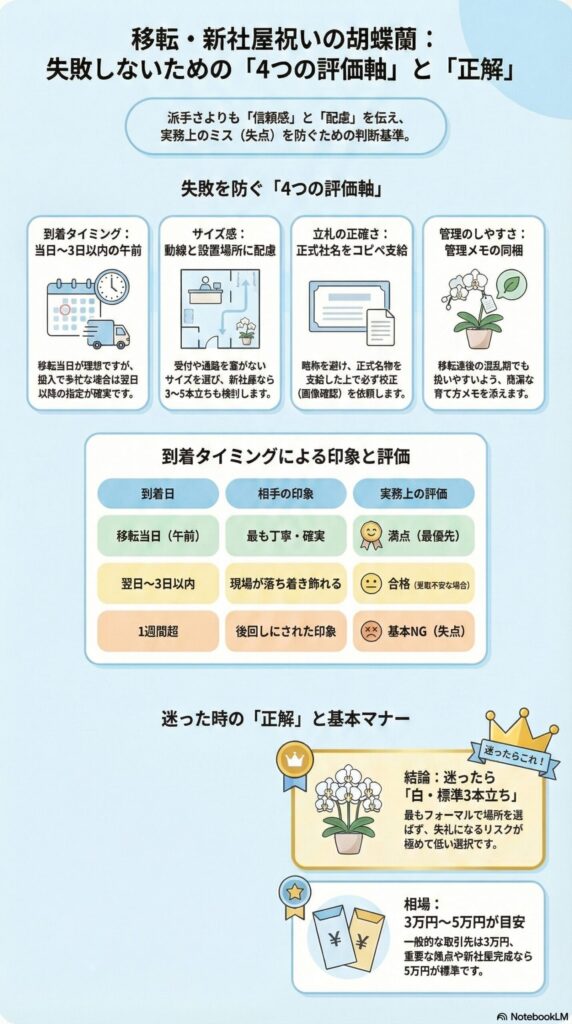 移転・新社屋祝いの胡蝶蘭選びで失敗を防ぐ4つの評価軸と正解を解説したインフォグラフィック、到着タイミング・サイズ配慮・立札の正確性・管理のしやすさを重視し、白色・標準3本立ちと3万〜5万円相場を基準とする判断ポイントを図解した内容