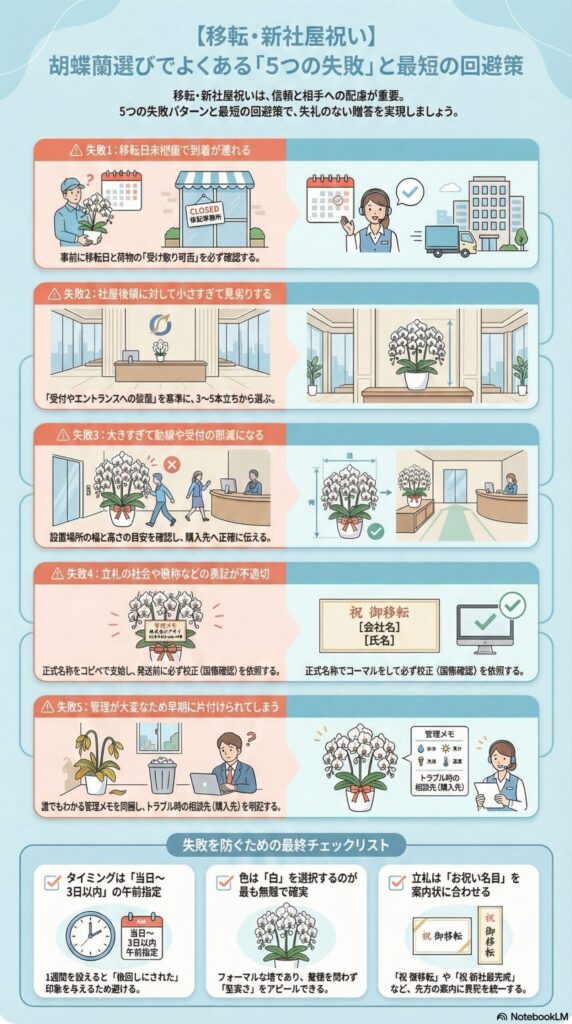 移転・新社屋祝いの胡蝶蘭選びでよくある5つの失敗と回避策を解説したインフォグラフィック、到着遅延・サイズ不適合・動線妨害・立札表記ミス・管理負担のNG例と、適切な納品タイミングやサイズ指定、正式名称での校正、管理メモ同梱など失敗を防ぐ実務ポイントを図解した内容