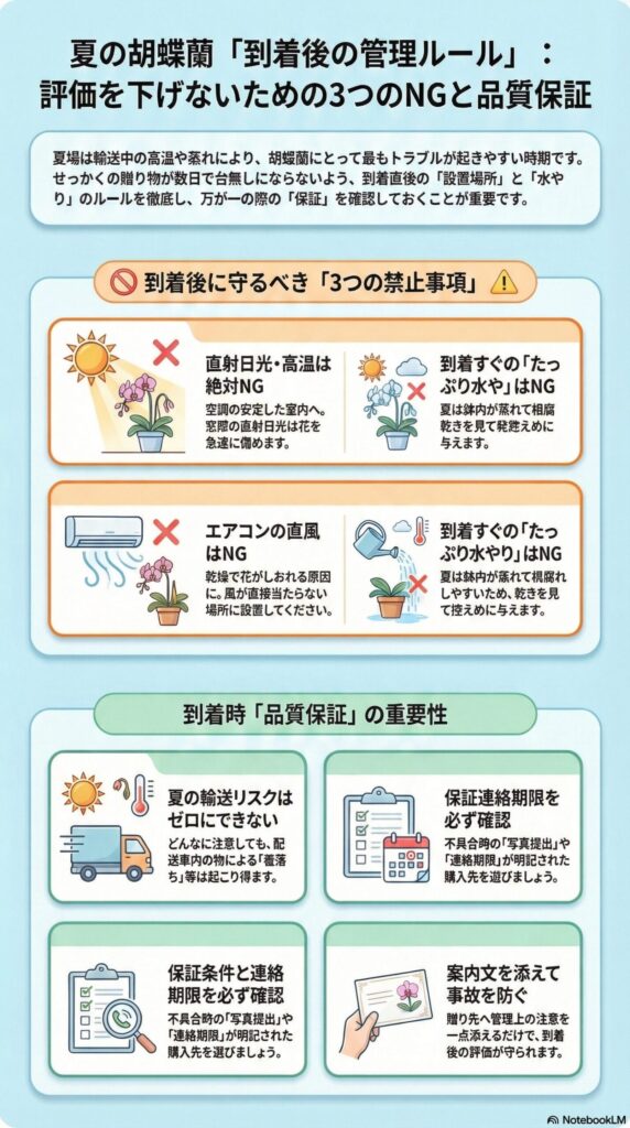 夏の胡蝶蘭 到着後の管理ルールとNG対策