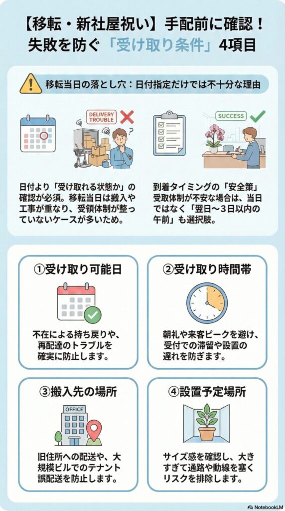 移転・新社屋祝いの胡蝶蘭手配前に確認すべき受け取り条件4項目を解説したインフォグラフィック、受け取り可能日・時間帯・搬入先住所・設置場所を事前確認し、当日混乱や再配達・誤配送・動線妨害を防ぐ実務ポイントを図解した内容
