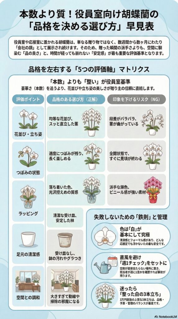 役員室向け胡蝶蘭の品格を決める選び方を解説したインフォグラフィック、本数より整いを重視し、花並びやつぼみの状態・ラッピング・足元の清潔感・空間との調和など5つの評価軸で良い例とNG例を対比し、白色・整った3本立ちを基準とするポイントを図解した内容