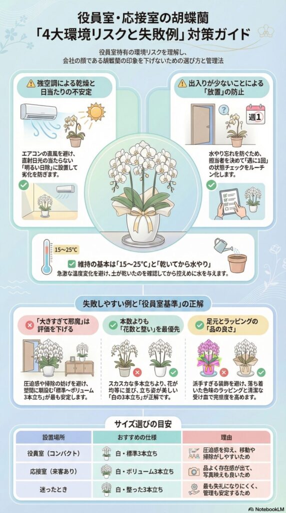 役員室・応接室向け胡蝶蘭の環境リスクと対策を解説したインフォグラフィック、空調乾燥や日当たり・放置による管理不足を防ぎ、15〜25℃管理と乾いてからの水やりを基本に、本数より整い・適切サイズ・上質なラッピングを重視する選び方と失敗例を図解した内容