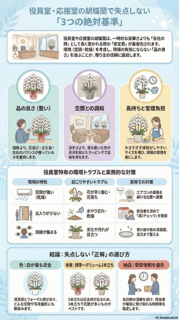 役員室・応接室向け胡蝶蘭で失点しない3つの基準を解説したインフォグラフィック、品の良さ（整い）・空間との調和・長持ちと管理負担を重視し、空調乾燥対策や週1チェックなどの実務対応、白色・標準3本立ち・適切な納品時間の選び方を図解した内容