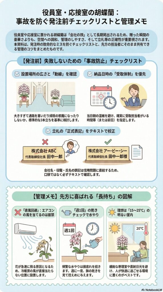 役員室・応接室向け胡蝶蘭の事故を防ぐ発注前チェックリストと管理メモを解説したインフォグラフィック、設置場所と動線確認・受取体制優先・立札の正式表記校正に加え、直風回避・週1回の乾きチェック水やり・15〜25℃管理など長持ちのポイントを図解した内容