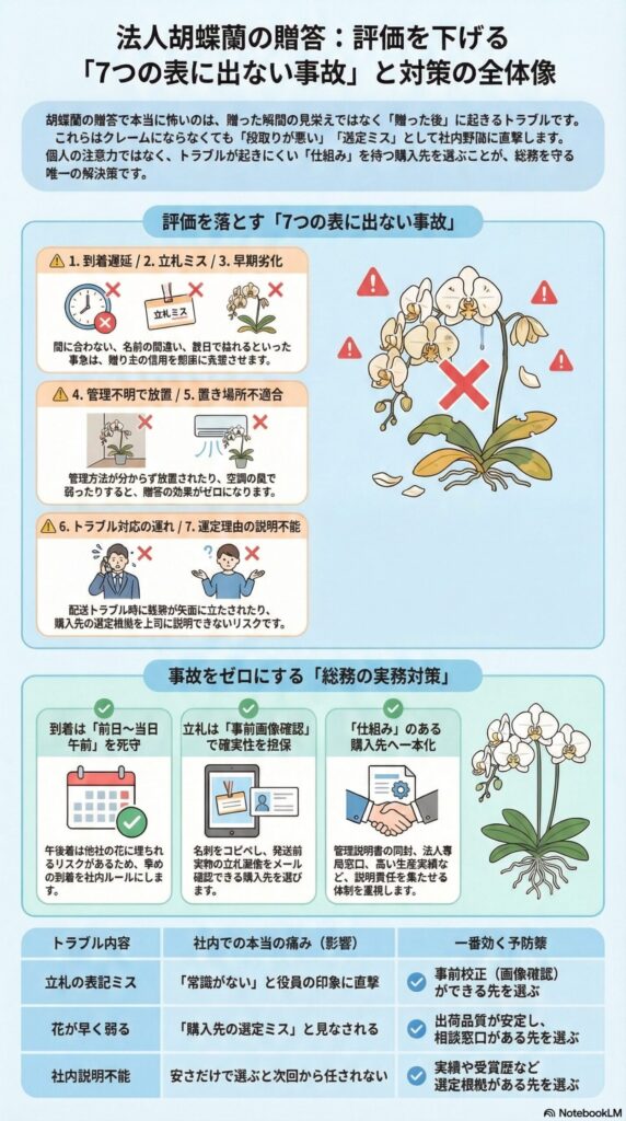 法人向け胡蝶蘭贈答で評価を下げる7つの表に出ない事故と対策を解説したインフォグラフィック、到着遅延や立札ミス・早期劣化・管理不備・置き場所不適・対応遅れ・説明不足などのリスクと、前日〜当日午前着・事前画像確認・仕組みのある購入先選定など実務対策を図解した内容