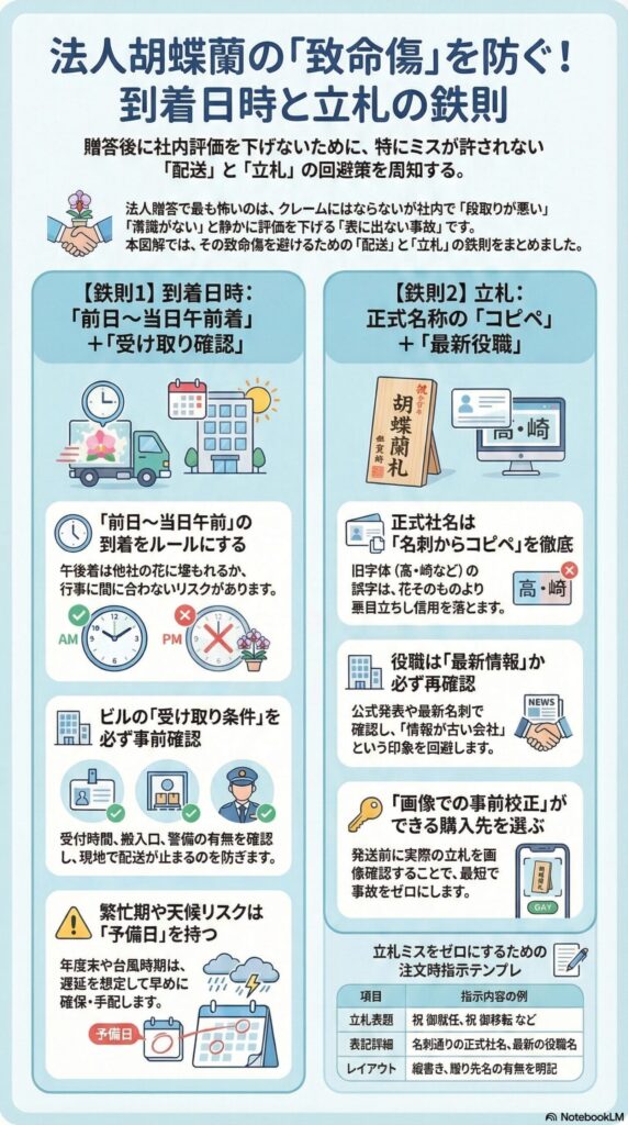 法人向け胡蝶蘭で致命的なミスを防ぐ到着日時と立札の鉄則を解説したインフォグラフィック、前日〜当日午前着と受取条件確認、正式社名のコピペと最新役職確認、事前画像校正の重要性、遅延対策の予備日設定など実務ポイントを図解した内容