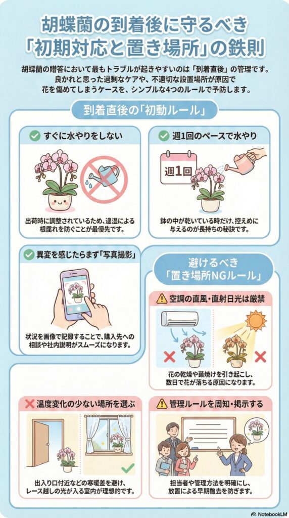 胡蝶蘭の到着後に守るべき初期対応と置き場所の鉄則を解説したインフォグラフィック、すぐに水やりしない・週1回の控えめ給水・異変時の写真記録、空調直風や直射日光を避け温度変化の少ない場所に設置し管理ルールを周知するポイントを図解した内容