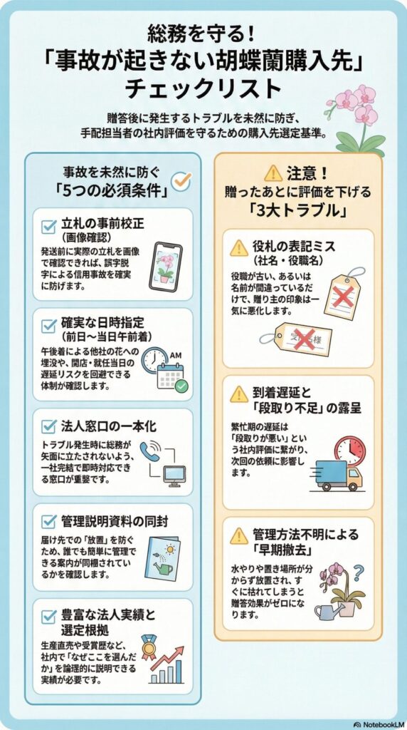 総務を守る胡蝶蘭購入先チェックリスト、立札事前校正や前日到着指定、法人窓口一本化、管理説明資料同封など5つの必須条件と、立札ミス・配送遅延・管理不明による早期撤去の3大トラブルを解説した法人贈答ガイド