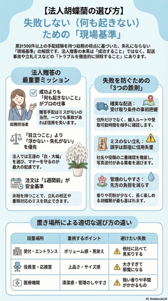 法人胡蝶蘭の選び方ガイド、失敗しないための現場基準として「何も起きない」ことを最優先に、確実な配送・立札ミス防止・管理しやすさの3つの鉄則と、受付や役員室・医療機関ごとの適切な選び方の違いを解説した図解