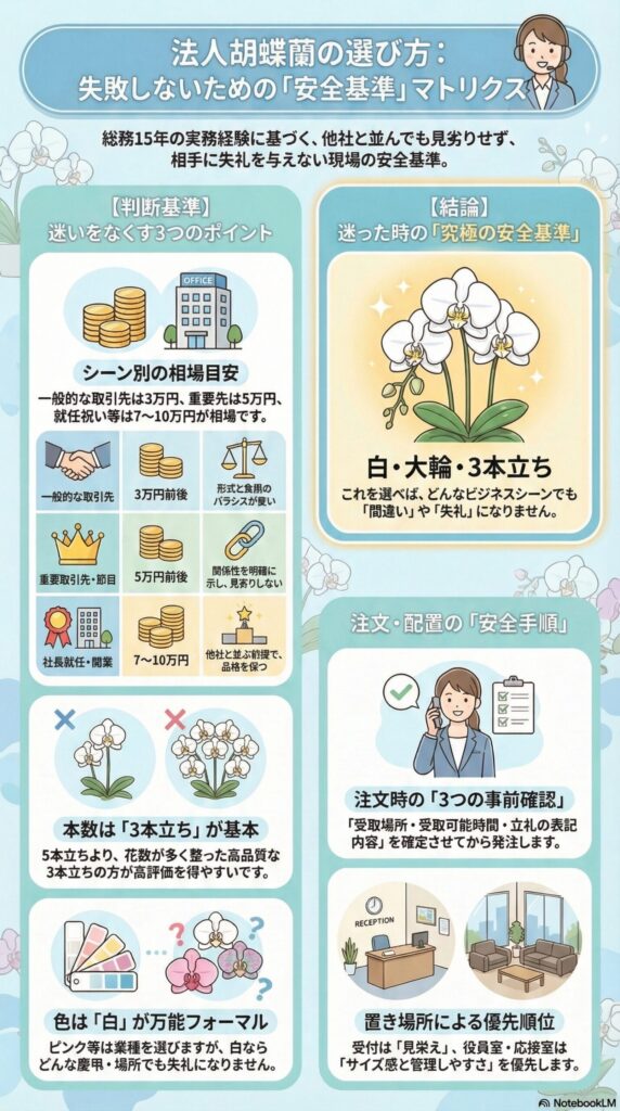 法人胡蝶蘭の選び方マトリクス、失敗しない安全基準として白の大輪3本立ちを推奨し、シーン別の相場（3万・5万・7万〜10万円）や本数・色の選び方、注文前の受取条件確認と設置場所別の優先ポイントを解説した図解