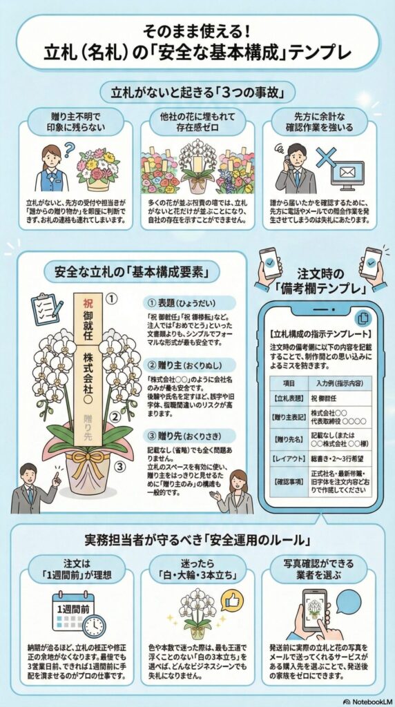 胡蝶蘭の立札テンプレートと安全な書き方ガイド、祝御就任などの表題・贈り主・贈り先の基本構成や記載ルール、立札がない場合の3つの失敗、注文時の備考欄テンプレートと実務で失敗しない運用ポイントを解説した図解
