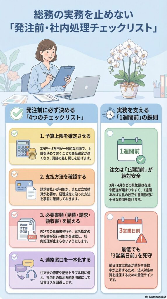 胡蝶蘭の発注前チェックリスト、総務向けに予算上限・支払方法・必要書類・連絡窓口の4項目と、注文は1週間前が安全で最低でも3営業日前までに手配する重要性を解説した法人贈答ガイド