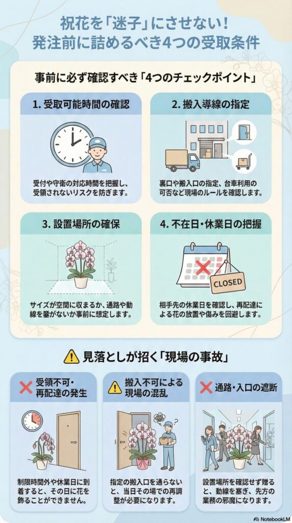 祝花を迷子にしないための受取条件チェックリスト、受取可能時間・搬入導線・設置場所・不在日確認の4項目と、再配達や搬入不可、通路遮断など現場トラブルを防ぐ法人胡蝶蘭の事前確認ポイントを解説した図解