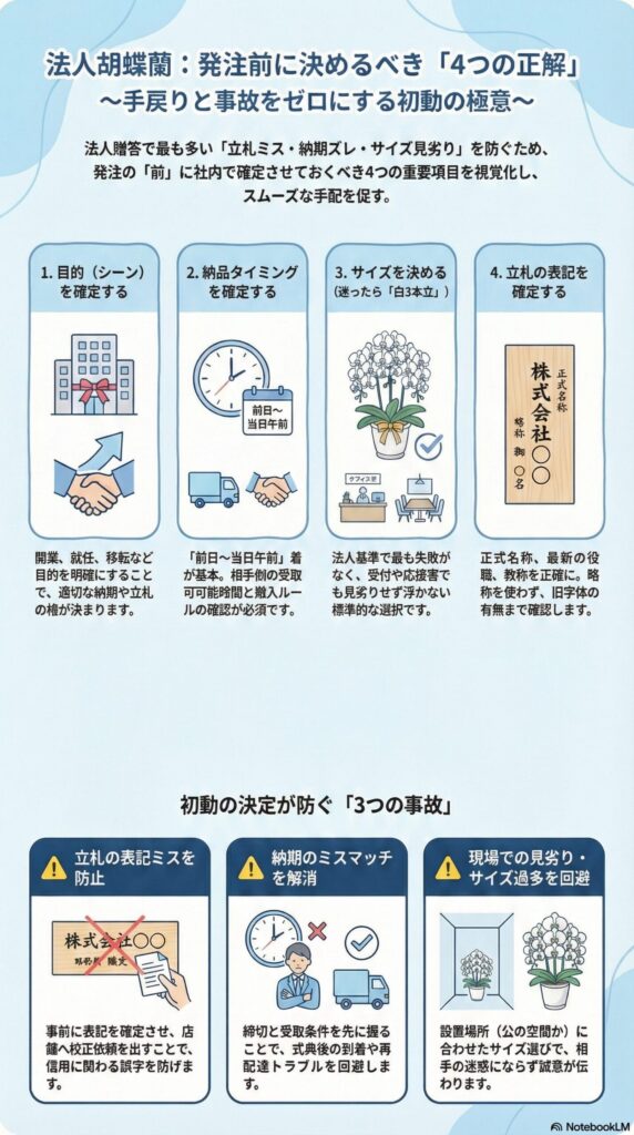 法人胡蝶蘭の発注前チェックポイント4つの正解、目的設定・納品タイミング（前日〜当日午前）・サイズ選定（白3本立ち）・立札表記確認の基本と、立札ミス・納期ズレ・サイズ見誤りを防ぐ初動の重要ポイントを解説した図解