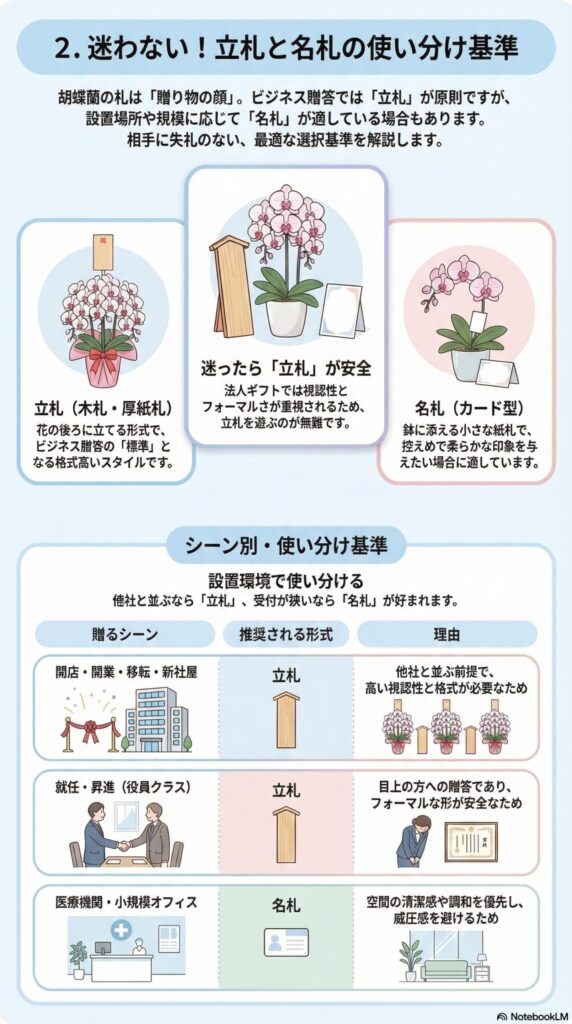 胡蝶蘭の立札と名札の違いと使い分け｜法人贈答で失礼にならない札の選び方（開店祝い・昇進祝いは立札／医療機関や小規模オフィスは名札）を解説したビジネスマナーガイド