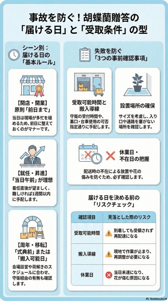 胡蝶蘭の法人贈答で事故を防ぐ届ける日と受取条件の基本ルール、開業は前日納品・就任は当日午前・周年や移転は式典前対応、受取時間や搬入導線・設置場所・休業日の確認ポイントを解説したチェックガイド