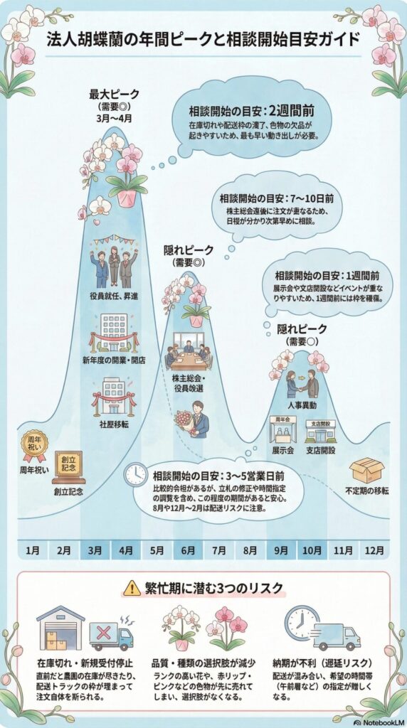 法人胡蝶蘭の年間ピークと相談開始時期の目安ガイド、3月〜4月の最大需要期や株主総会・人事異動・展示会などの隠れピーク、2週間前〜3営業日前の相談タイミングと繁忙期リスク（在庫切れ・品質低下・納期遅延）を解説