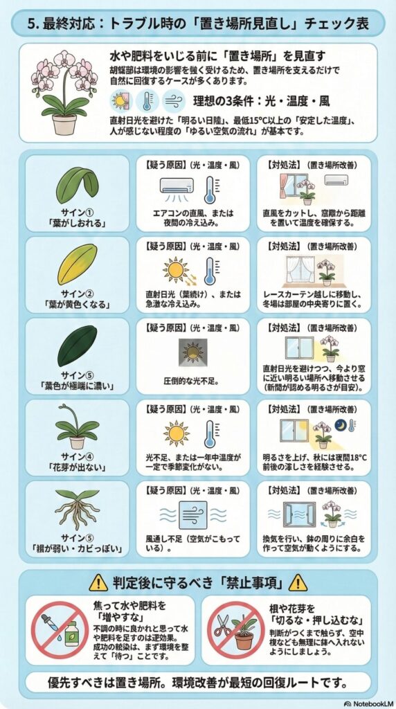胡蝶蘭トラブル時の置き場所見直しチェック表（葉がしおれる・黄変・濃い葉色・花芽が出ない・根が弱いなどの症状別に原因と置き場所改善の対処法を解説したインフォグラフィック）