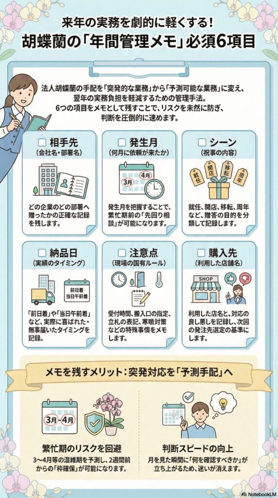 法人胡蝶蘭の年間管理メモ6項目、贈答履歴の記録方法（相手先・発生月・用途・納品日・注意点・購入先）と繁忙期対策や判断スピード向上につながる実務管理ガイド
