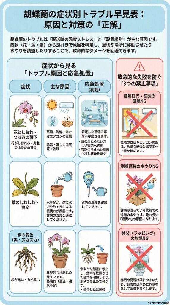 胡蝶蘭の症状別トラブル早見表、花のしおれ・葉の黄変・根腐れの原因（温度ストレス・乾燥・水やり過多）と対処法、直射日光やエアコン直風・到着直後の水やり禁止などの管理ポイントを解説