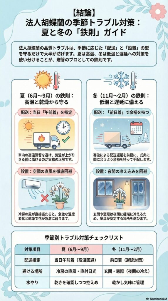 法人胡蝶蘭の季節別トラブル対策ガイド、夏は高温対策で当日午前着と直風回避、冬は低温と遅延対策で前日着と冷え込み防止、配送と設置の鉄則をまとめたチェックリスト