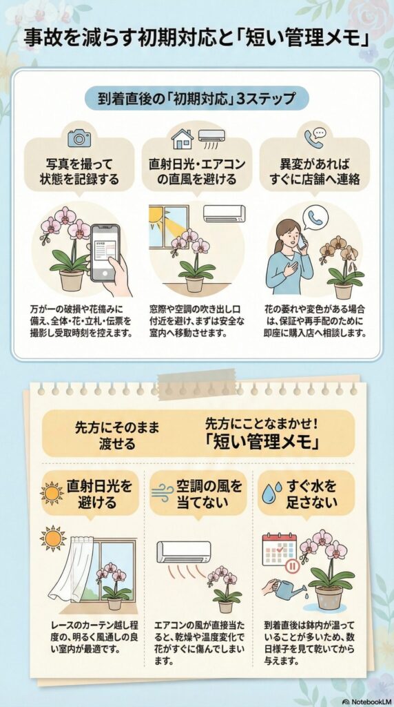 胡蝶蘭到着後の初期対応3ステップと管理方法、写真記録・直射日光やエアコン直風の回避・異常時の連絡対応、すぐ水やりしないなど長持ちさせるための基本管理メモ