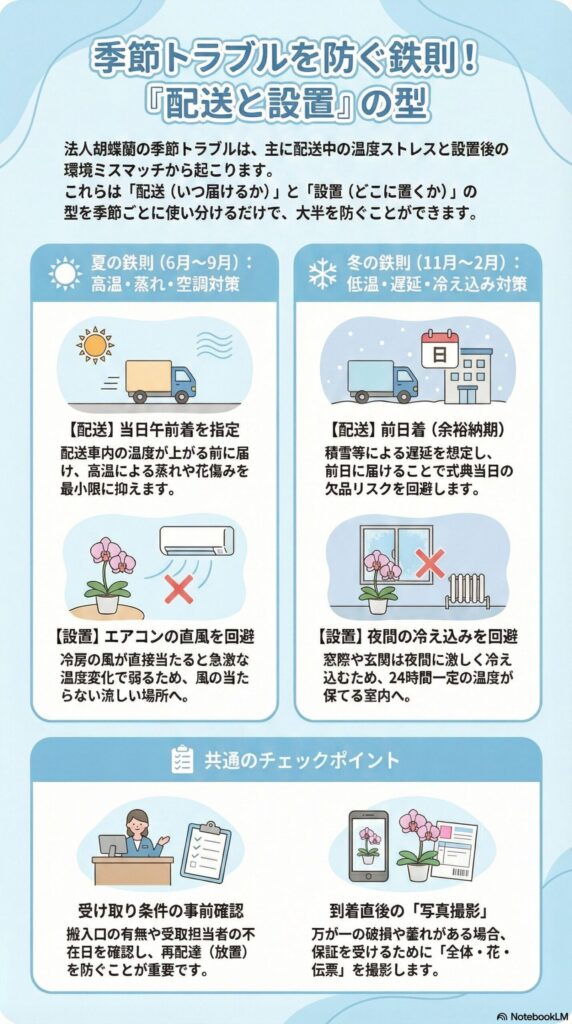 胡蝶蘭の季節別トラブル対策ガイド、夏と冬の配送時間と置き場所の違い、当日午前着や前日着の指定方法、エアコン直風や寒さ回避など長持ちさせる管理ポイント