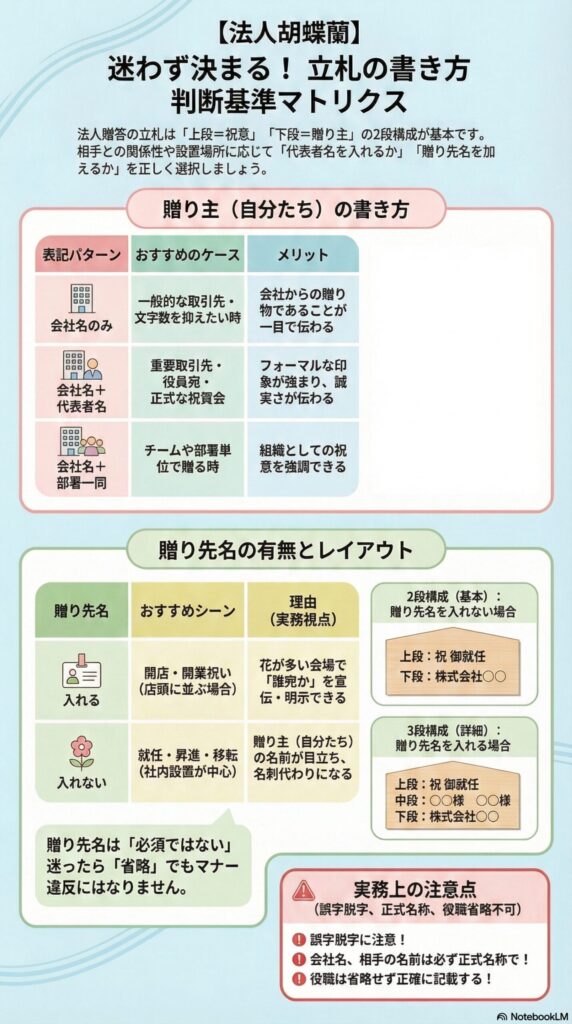 胡蝶蘭の立札の書き方判断基準マトリクス、会社名のみ・代表者名あり・部署連名の使い分けと贈り先名の有無、法人贈答で失敗しない立札レイアウトと記載ルール
