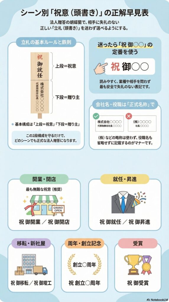 胡蝶蘭の立札の祝意（頭書き）一覧と正しい書き方、開店祝い・就任祝い・移転・周年・受賞の表記例、法人贈答で失礼にならない立札マナーと基本ルール