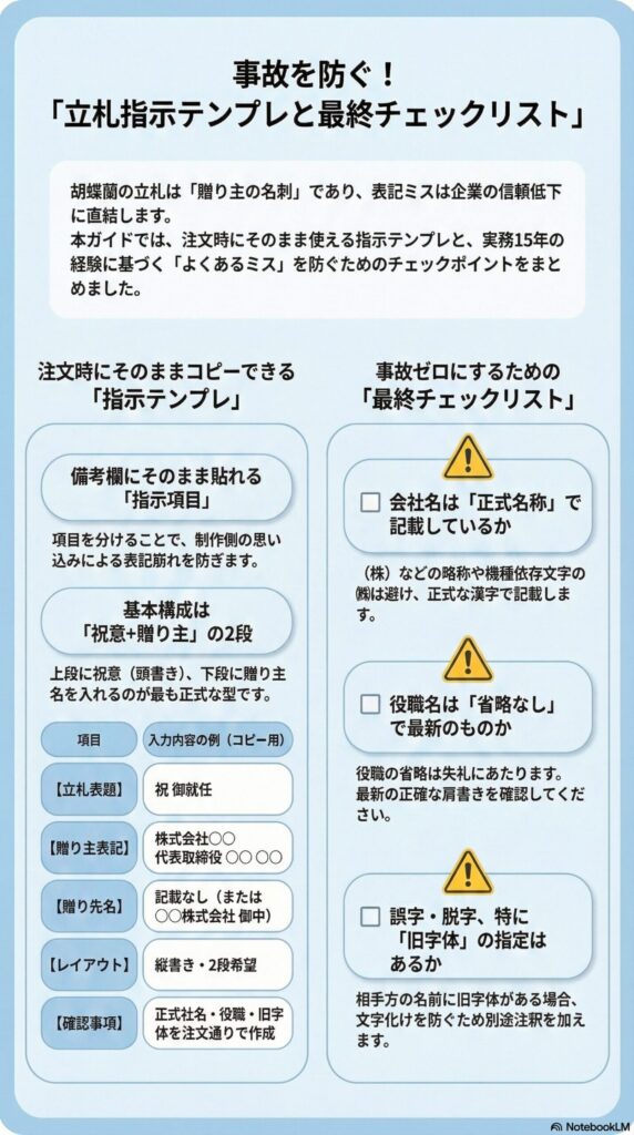 胡蝶蘭の立札指示テンプレと最終チェックリスト、祝御就任などの記載例と会社名・役職の正式表記確認、誤字脱字や旧字体ミスを防ぐ法人贈答の立札ルール