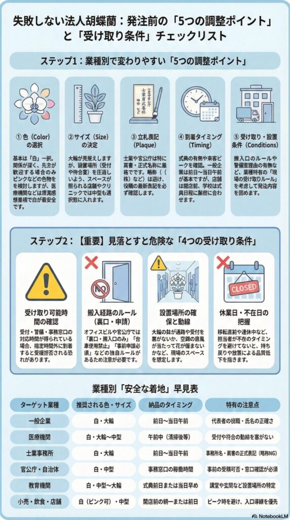 法人胡蝶蘭の発注前チェックリスト、色・サイズ・立札・納品タイミング・受取条件の5つの調整ポイントと受け取り条件確認、業種別の最適な胡蝶蘭選び方ガイド