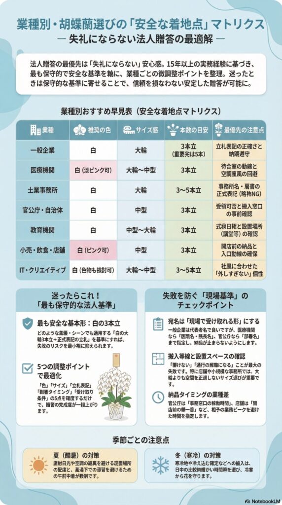 法人胡蝶蘭の業種別選び方マトリクス、一般企業・医療機関・官公庁などのおすすめ色やサイズ・本数（3本立ち基準）と失敗しない贈答の安全基準ガイド