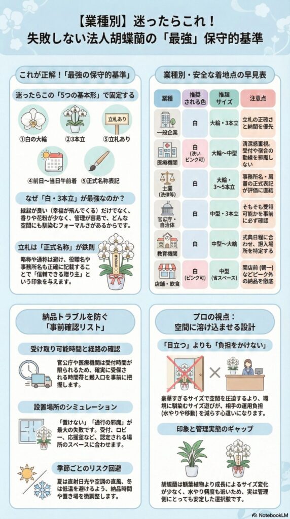 法人胡蝶蘭の最適な選び方、迷ったら白の大輪3本立ちが安全な基準、業種別おすすめサイズと色、納品トラブルを防ぐ事前確認チェックリスト