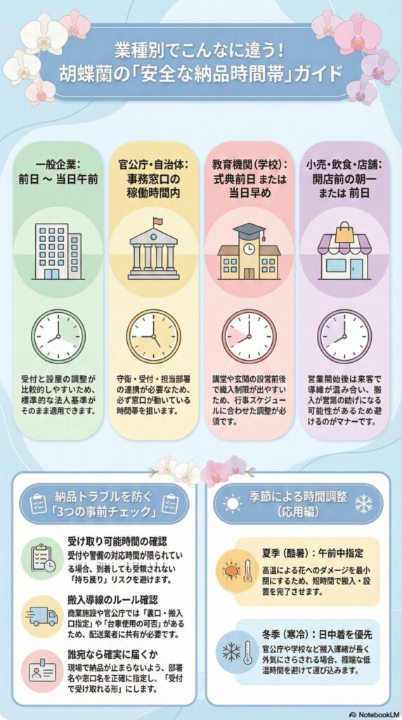 法人胡蝶蘭の安全な納品時間帯ガイド、業種別の最適な配送タイミングと注意点（一般企業・官公庁・学校・店舗別）
