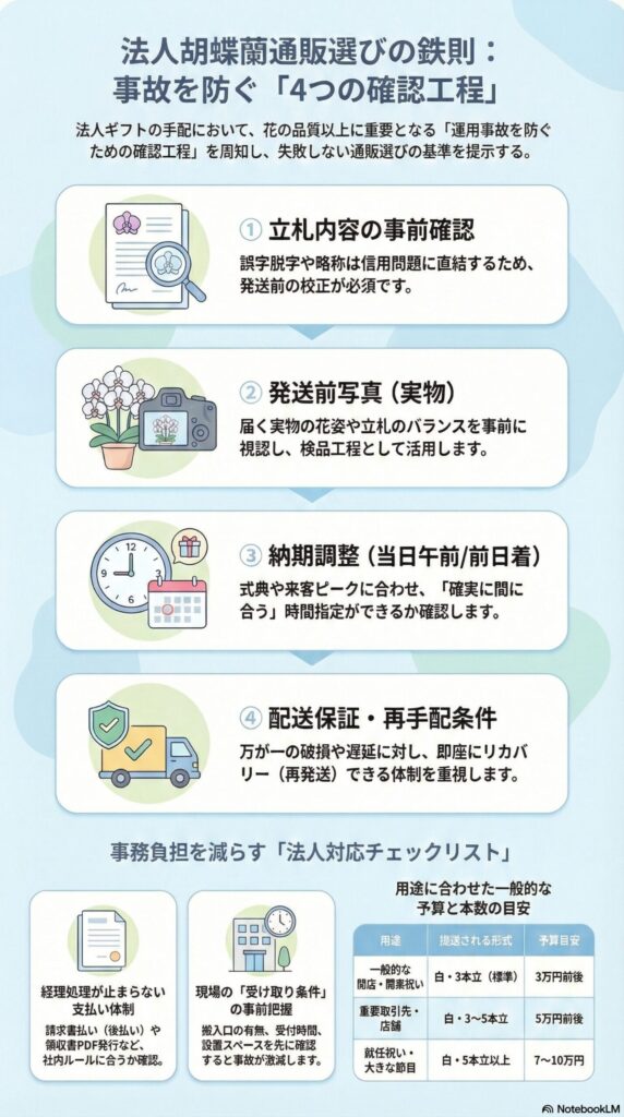 法人胡蝶蘭通販の選び方ガイド、失敗しないための4つの確認工程（立札確認・発送前写真・納期調整・配送保証）