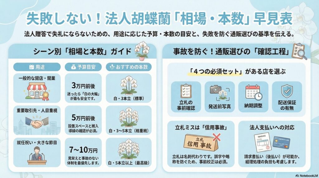 法人胡蝶蘭の相場と本数の目安ガイド、用途別の価格帯とおすすめ本数（3本・5本以上）と失敗しない通販選びのポイント
