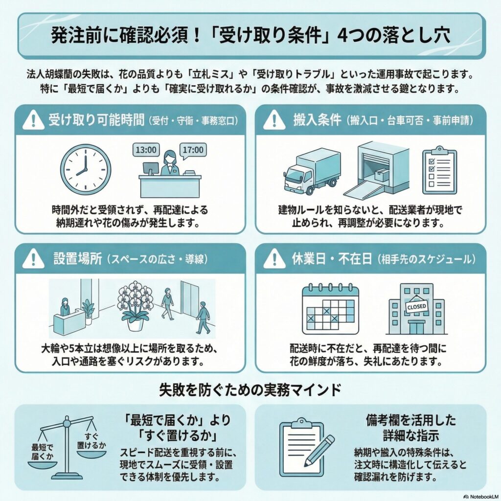 法人胡蝶蘭の受け取り条件チェックリスト、納品トラブルを防ぐ4つの確認ポイント（受取時間・搬入条件・設置場所・休業日）