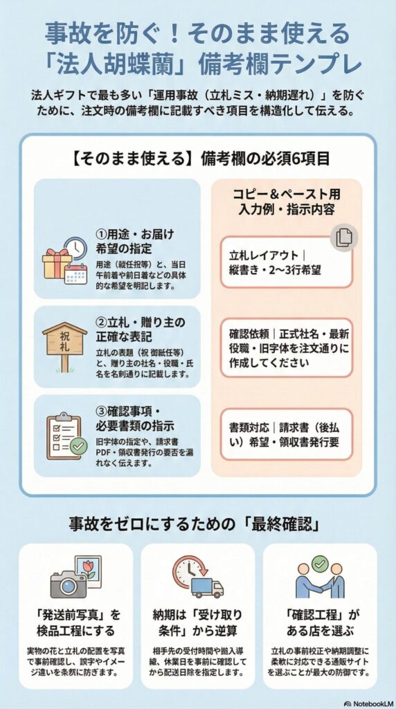 法人胡蝶蘭の注文備考欄テンプレート、失敗を防ぐ記入例と必須6項目（立札・納期・請求書対応など）