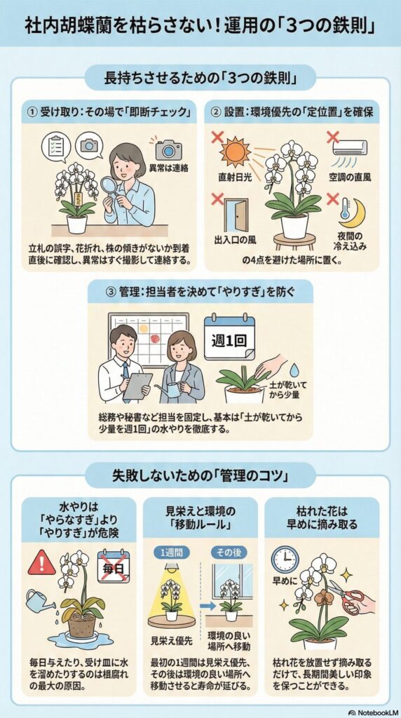 社内胡蝶蘭を長持ちさせる管理方法ガイド、枯らさないための3つの鉄則（設置場所・水やり・管理ルール）