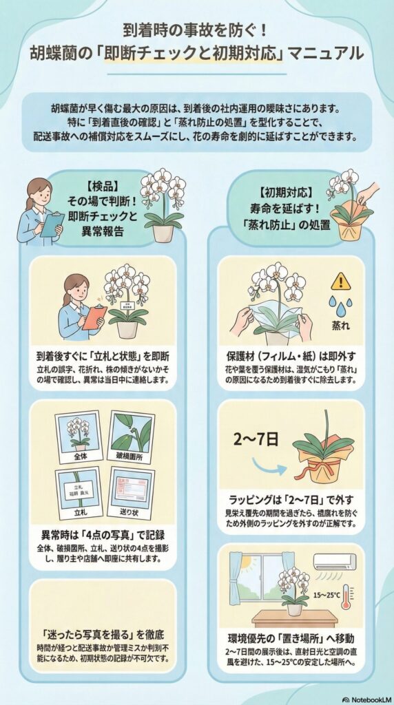 胡蝶蘭の到着後チェックと初期対応マニュアル、受け取り時の確認ポイントと蒸れ防止・設置方法ガイド