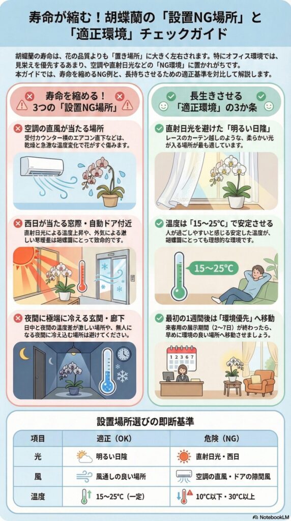 胡蝶蘭の置き場所ガイド、枯れるNG設置場所と長持ちする適正環境（直射日光・エアコン風・温度管理）