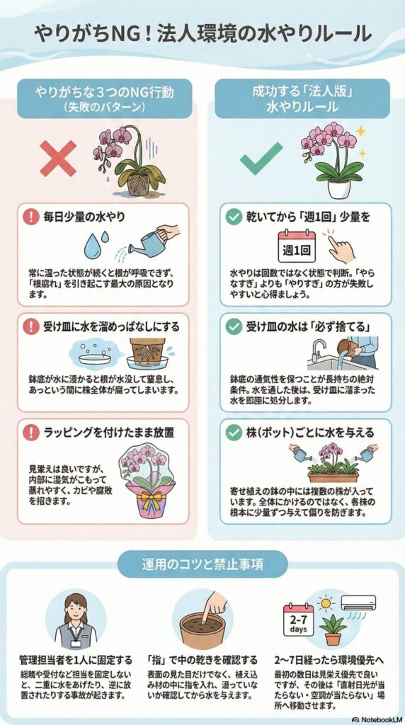 胡蝶蘭の水やりNG例と正しい方法、毎日水やり・受け皿放置・ラッピング放置の失敗と週1回管理のコツ