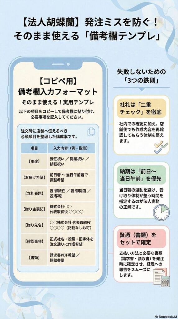 法人胡蝶蘭の注文ミスを防ぐ備考欄テンプレート例と立札・納期・贈り主表記の正しい書き方ガイド